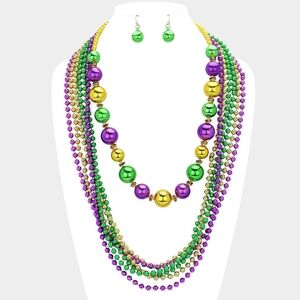 MultiLayered Purple Green Gold Ball Beaded Necklace Mardi Gras Fashion Accessory